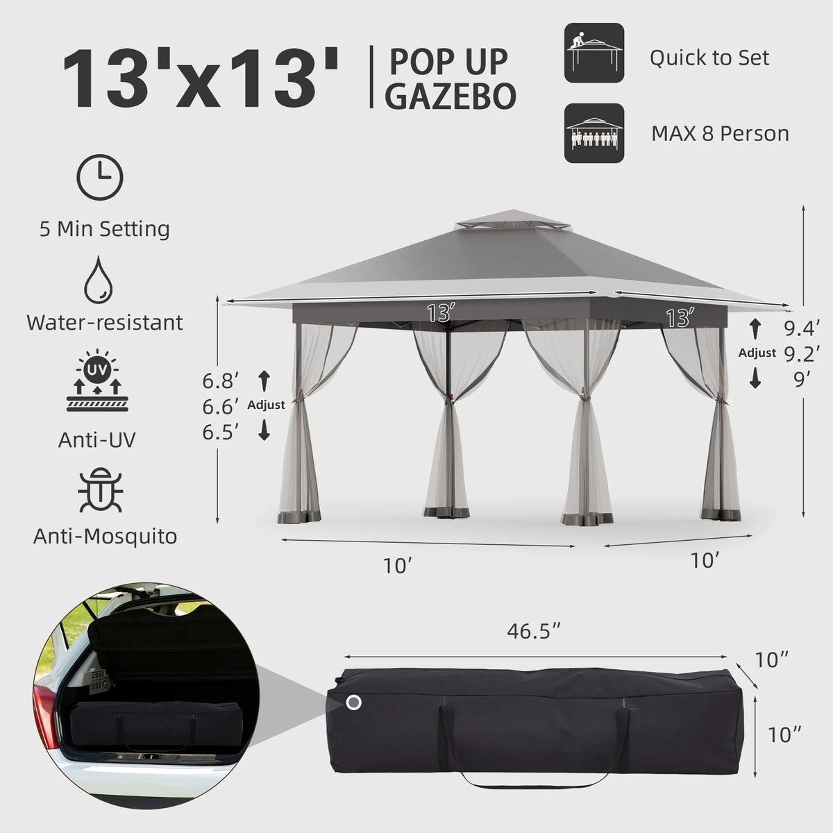 Bezseller 11x11 Pop up Gazebo, Outdoor Waterproof Canopy Tent with Mosquito Netting for Outdoors, Khaki