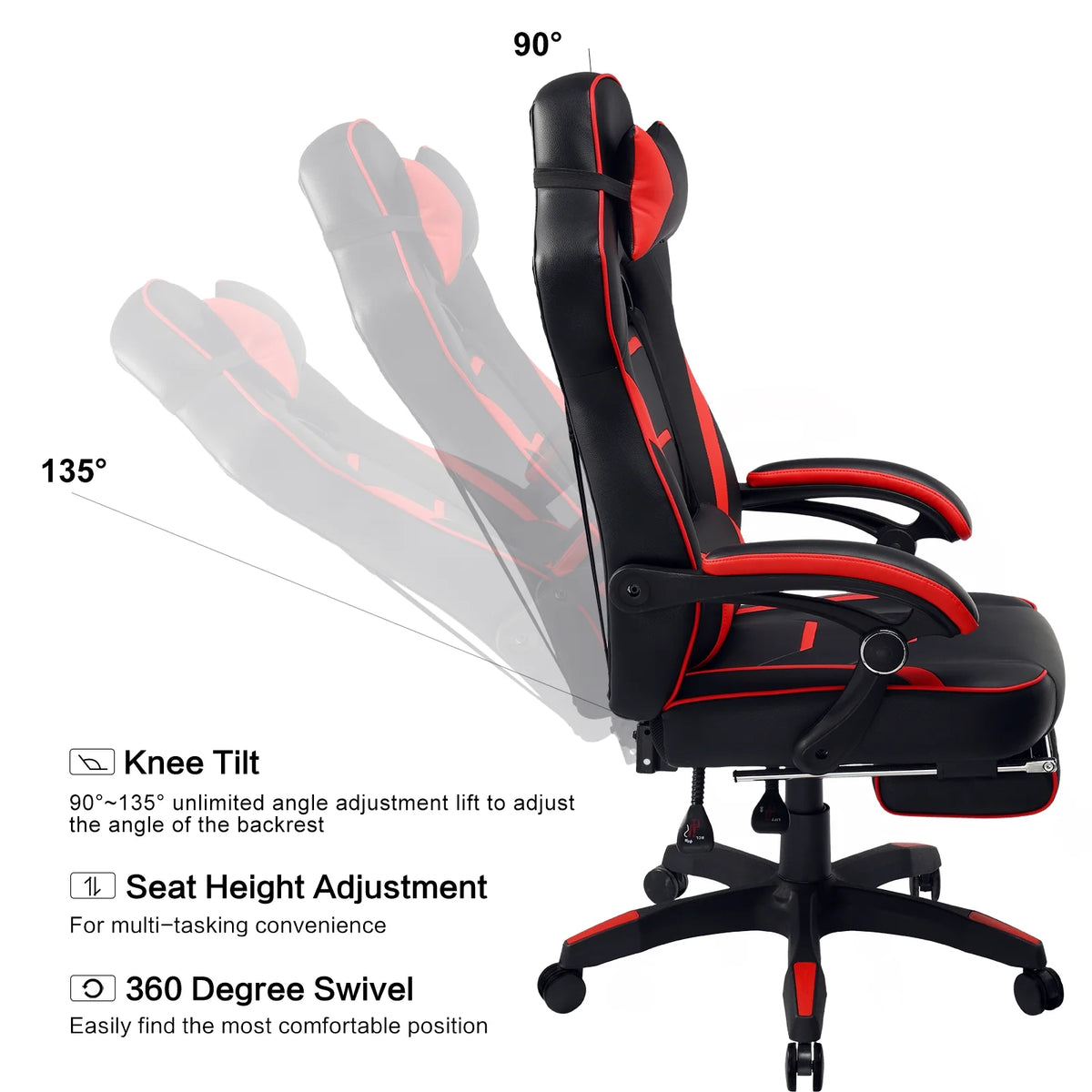 GTPLAYER Gaming Chair with Footrest, Big and Tall Game Chair 350lb Racing Style Computer Chair, Ergonomic Executive Office Chair High Back with Lumbar Support and Recliner, Black