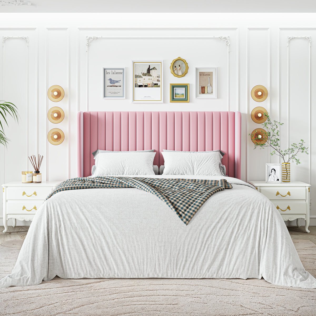 Sha Cerlin Queen Size Upholstered Platform Bed Frame with Velvet Channel Wingback Headboard, Off White