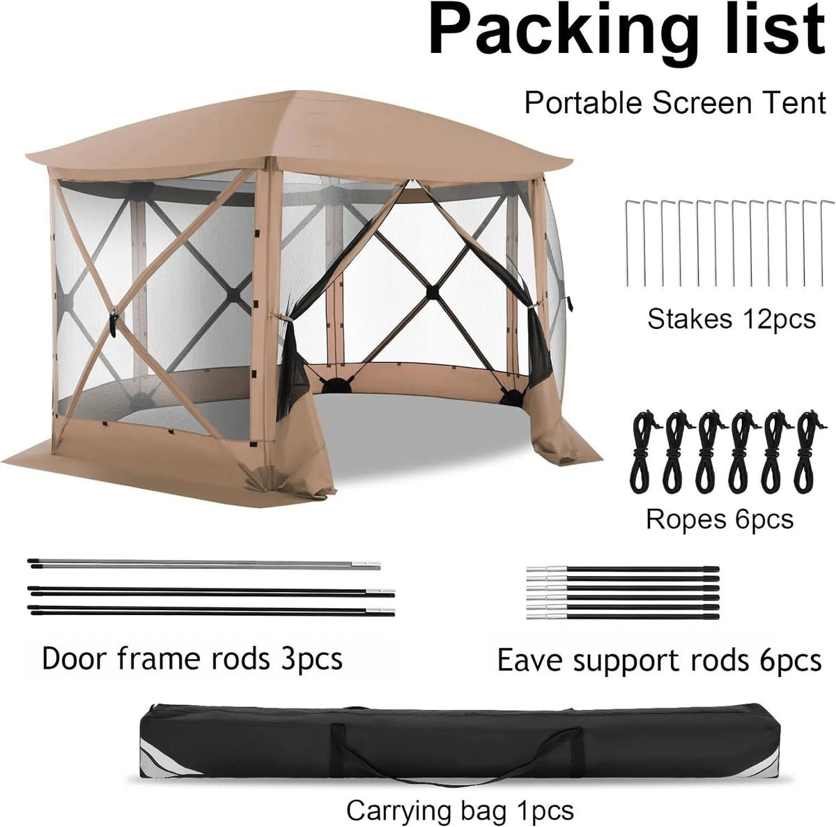 COBIZI 12x12ft Pop-up Gazebo Screen Tent Screen House with sidewalls and Mosquito Netting for Camping, Waterproof, UV Resistant, EZ Set-up Party Canopy with Carrying Bag and Ground Stakes, Brown