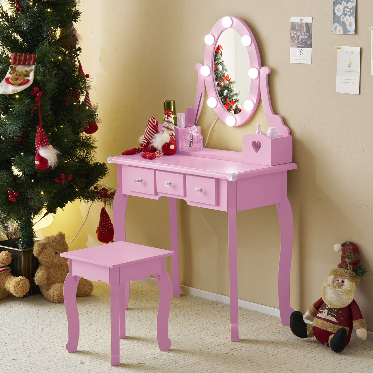 Zimtown Kids' Vanity Set with 3-Color LED Lighted Mirror Makeup Table with Matching Stool, Purple
