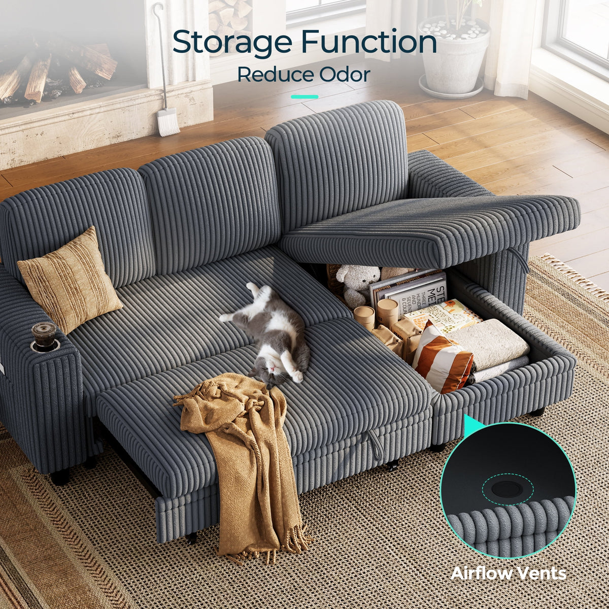 Linsy Home Plush Corduroy Sleeper Sofa Bed with Reversible Storage Chaise, Pull Out Couch Bed with USB, Cup Holder, Side Pocket, L Shaped Sectional Couches for Living Room, Apartment, Dark Grey