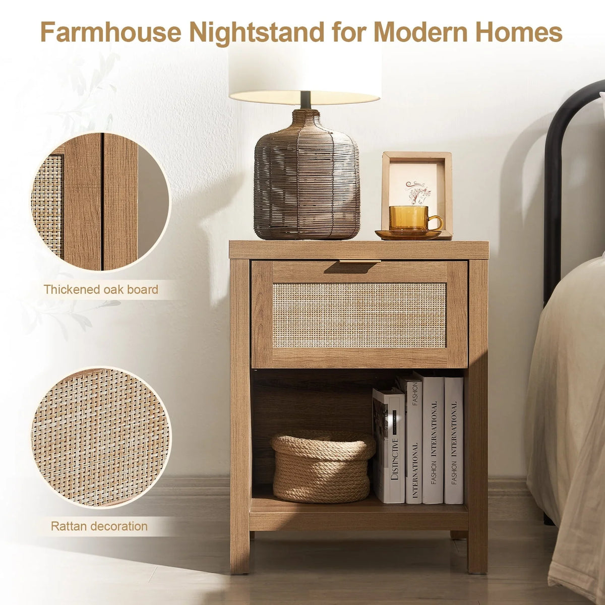 SICOTAS Rattan Nightstand with Drawer and Storage Bedside Table End Table Side Table Accent Table for Bedroom Living Room