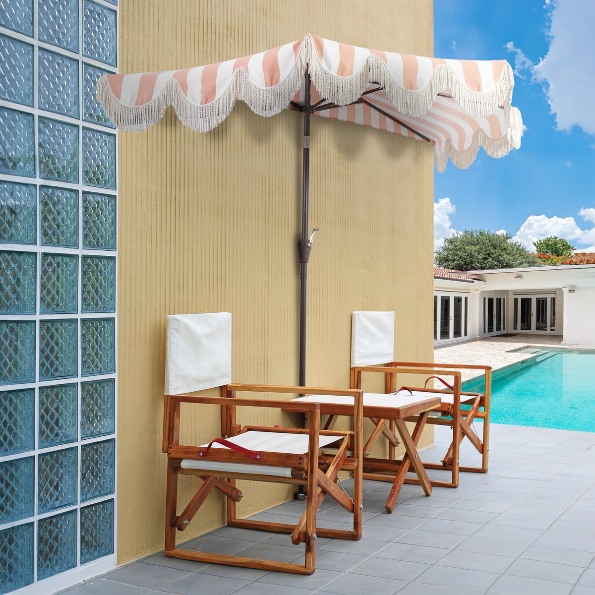 JONATHAN Y Beverly 9 ft. Half Market Patio Umbrella, Designer Classic Scalloped Fringe with Crank, Tilt Button and UV Protection, Blue/White/Cream, Dark Brown Pole