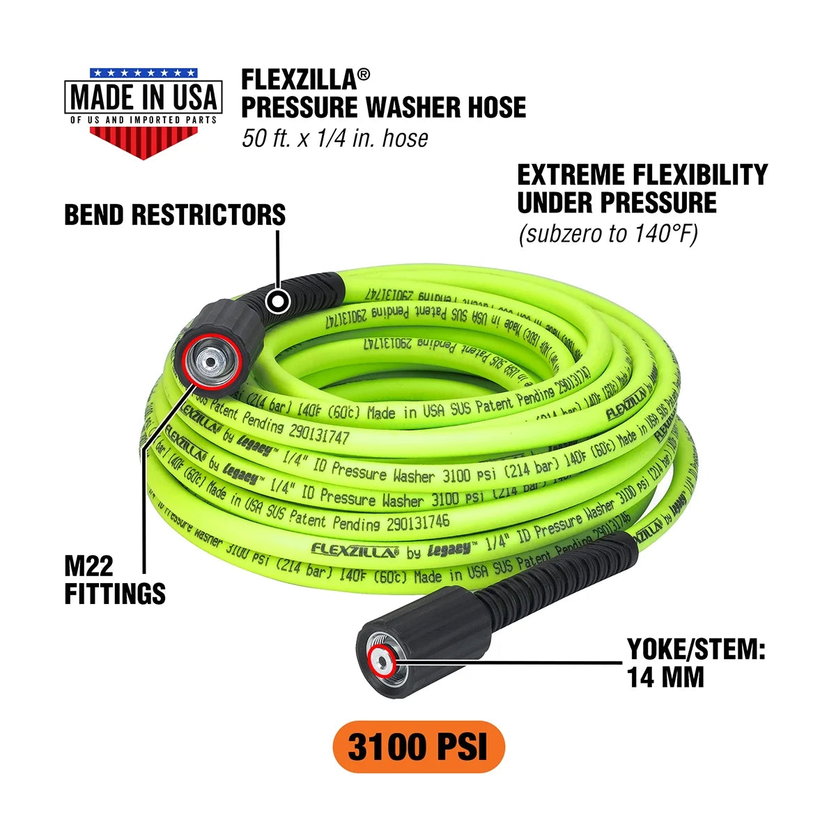 Flexzilla Pressure Washer Hose, 1/4 in. x 50 ft., 3600 PSI, M22 Fittings, ZillaGreen