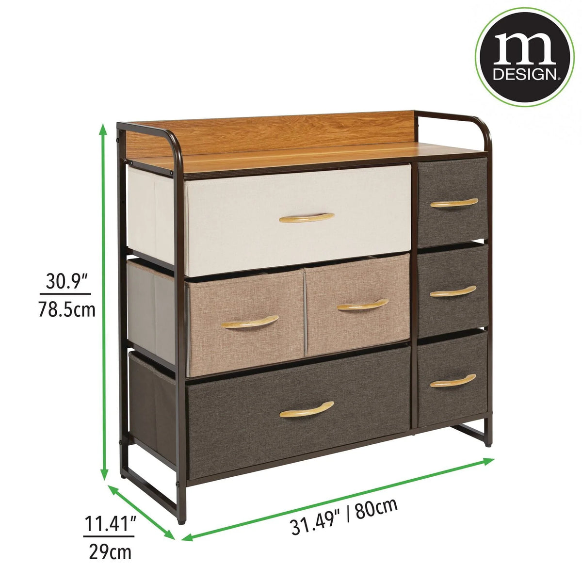 mDesign Large Storage Dresser Furniture with 7 Fabric Drawers, Multi/Dark Brown