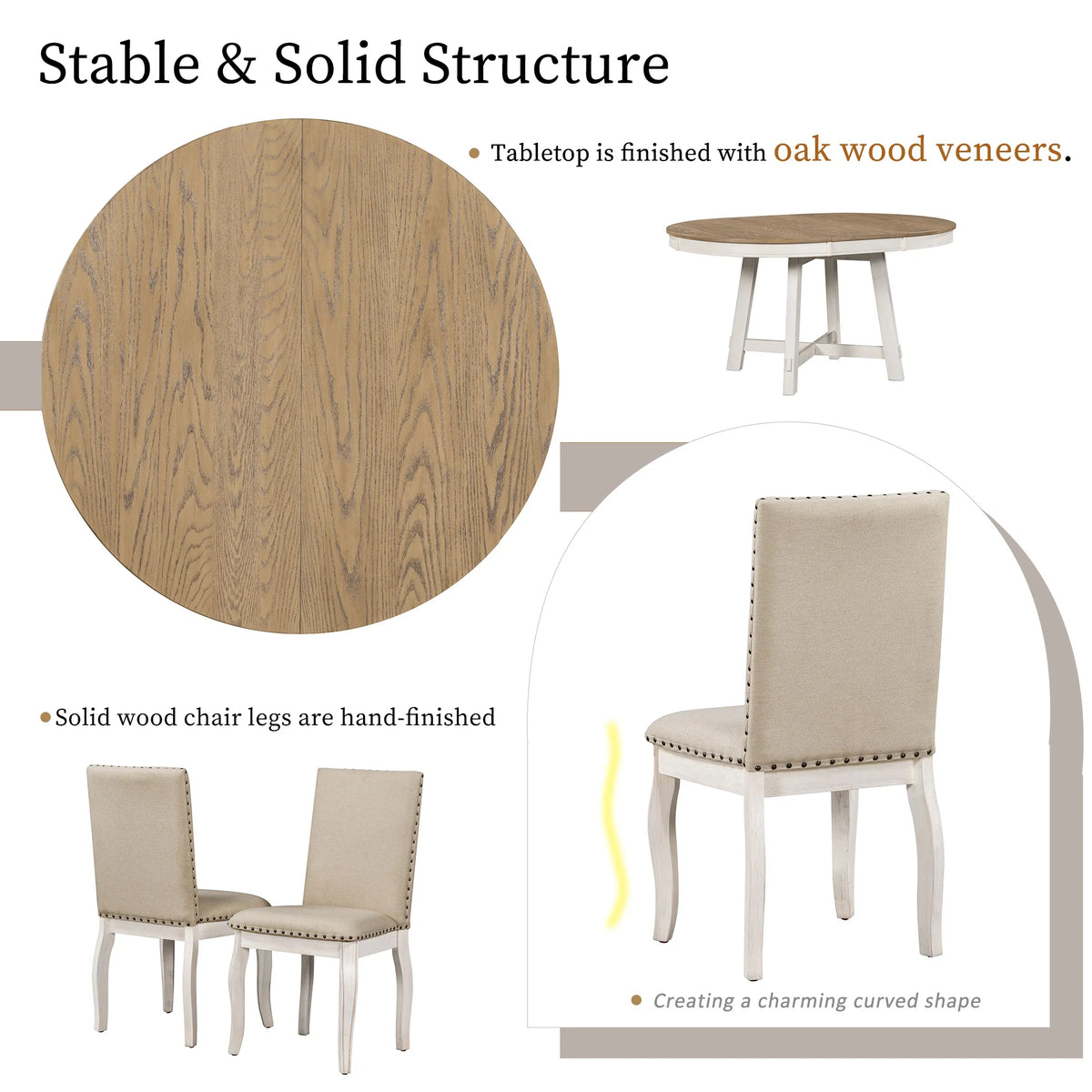 Bellemave 5-Piece Round Dining Table Set, Wood Farmhouse Extendable Dining Table and 4 Upholstered Dining Chairs, Kitchen Dining Table Set for 4 ��Antique White��
