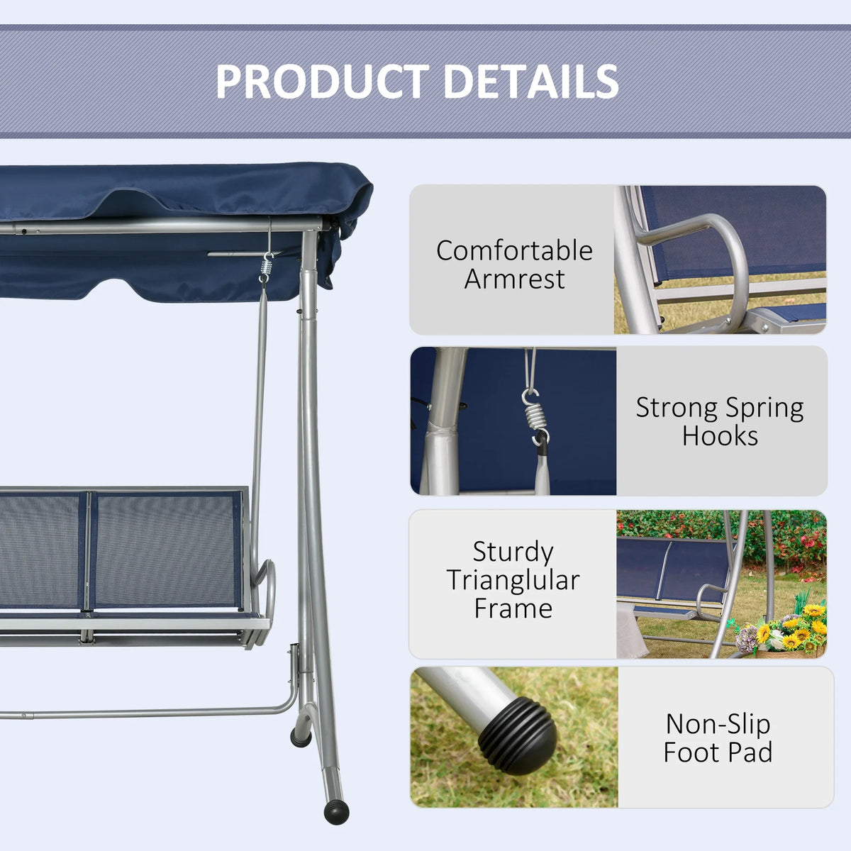 Outsunny 3 Person Patio Swing Seats, Porch Swing with Stand & Adjustable Canopy, Heavy Duty Outdoor Swing Chair Bench for Adults, Black