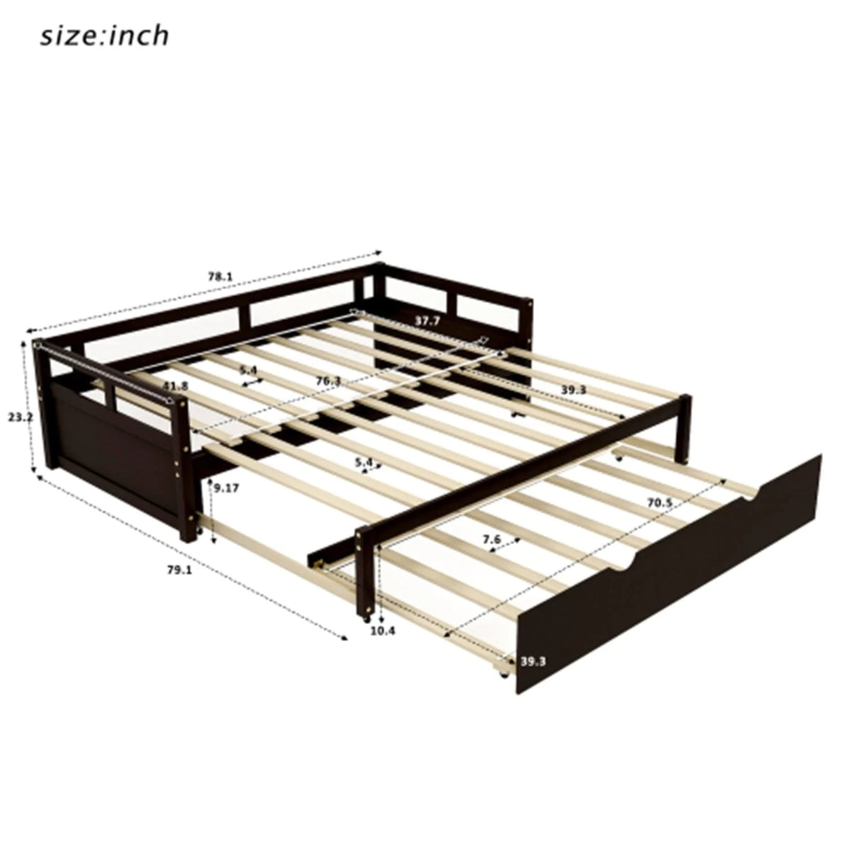 Extending Daybed with Pop Up Trundle Included Twin, Captain Bed for Kids Boys Girls Adults, Twin to King Wooden Platform Bed Frame for 3 People, No Box Spring Needed, 78.1 x 41.8 x 23.2 inch Espresso