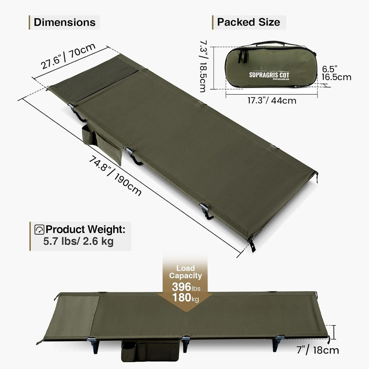 Camping Cot in Ranger Green – 400lbs Support, Lightweight Folding for Camping, Hiking & More