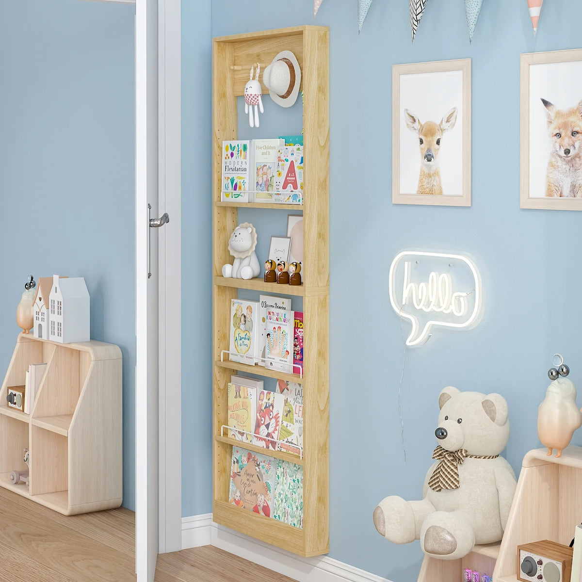 Advwin 5-Tier Wall Mounted Kids Bookshelf with Adjustable Shelves, Wooden Book Shelf Organizer, Behind Door Bookcase Display Shelf for Kids Room, Nursery, Playroom, Natural