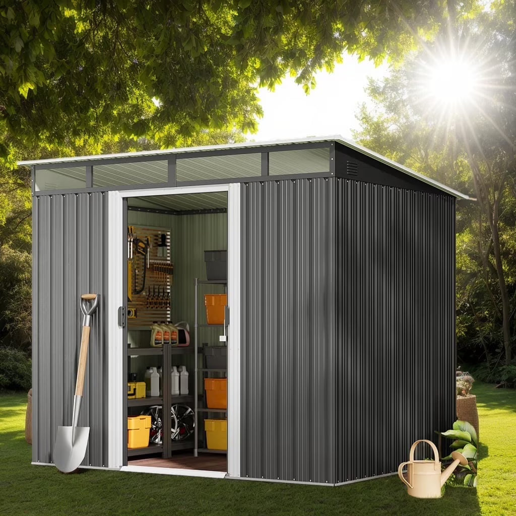 8'x6'ft Metal Shed , Asofer Outdoor Storage Shed with Transparent Panel Window for Garden, Dark Gray