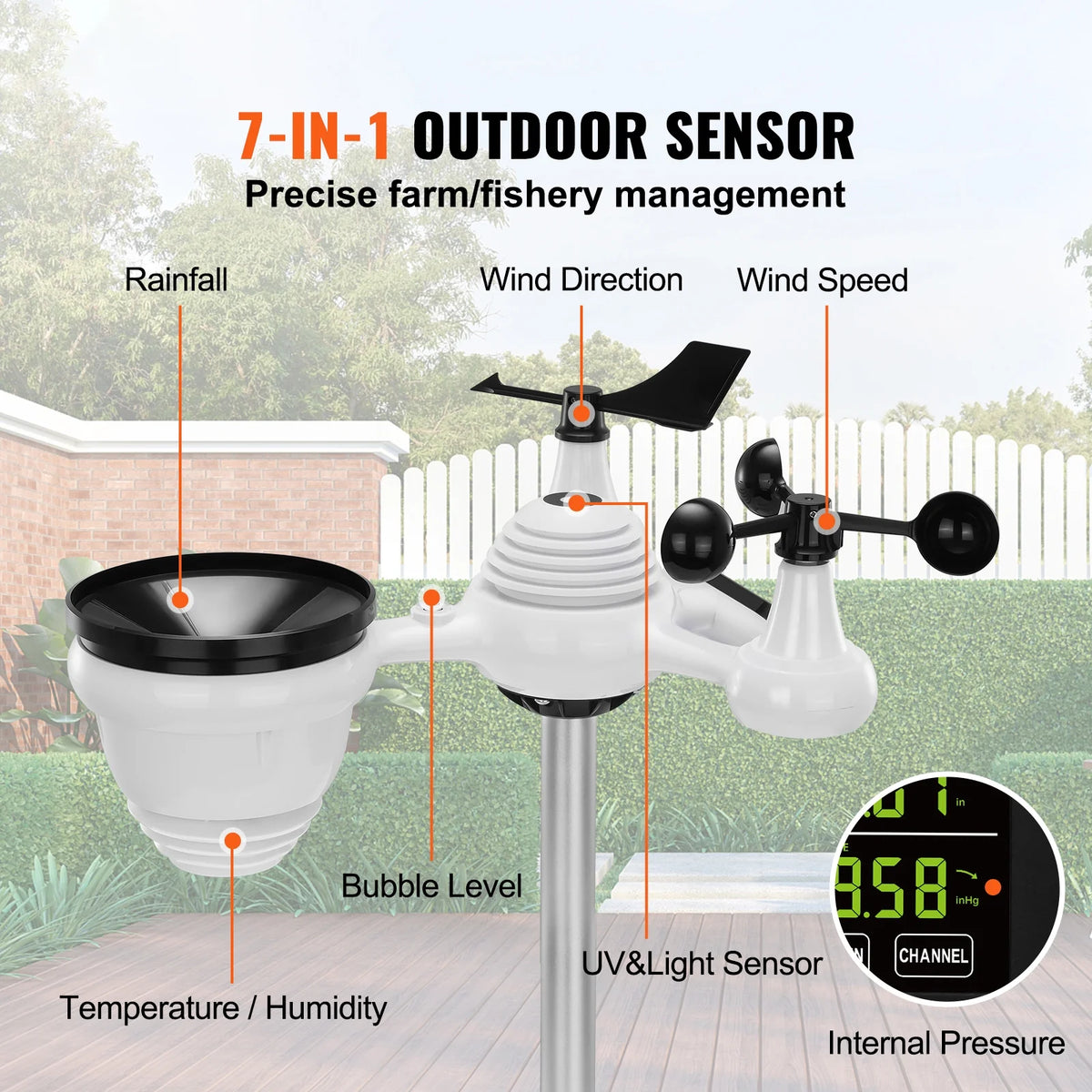 BENTISM 7 in 1 Wireless Weather Station, 7.5 inch HD Color Screen, Digital Weather Monitor for Indoor Outdoor with Temperature Humidity UV Predictive Alarm and Alerts