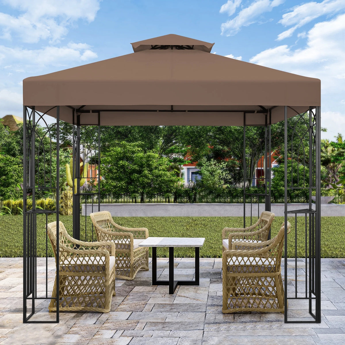 COOS BAY 8x8 Outdoor Patio Gazebo with Corner Shelves, Two-Tier Soft Top Canopy for Backyard, Lawn, Deck and Garden, Gray