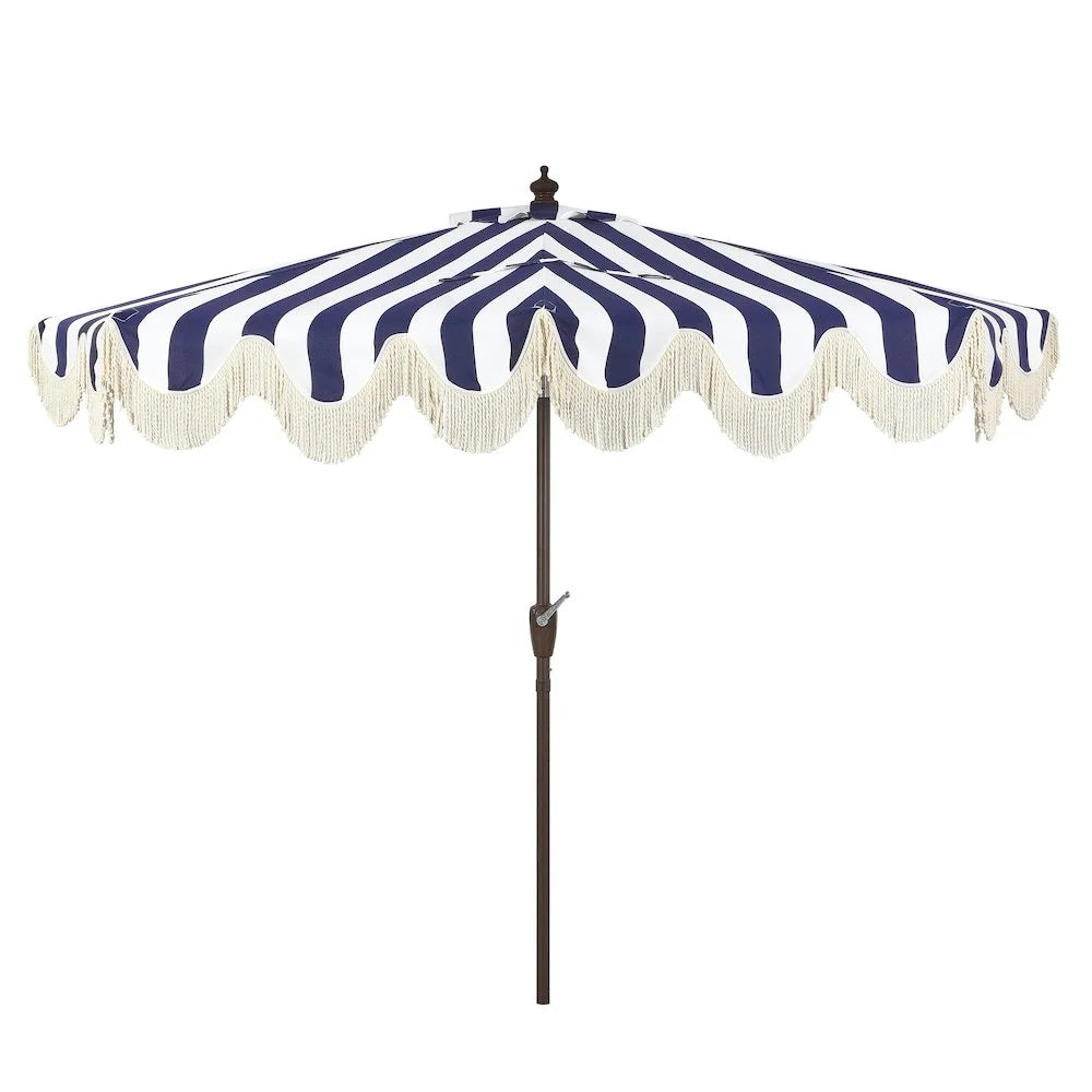 JONATHAN Y Beverly 9 ft. Half Market Patio Umbrella, Designer Classic Scalloped Fringe with Crank, Tilt Button and UV Protection, Blue/White/Cream, Dark Brown Pole