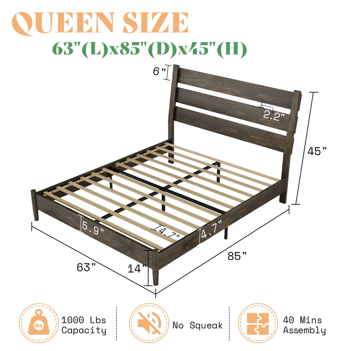 Merluxy Full Size Solid Wood Bed Frame, Mid Century Platform Bed with Reclining Slatted Headboard, Wood Slat Support/Noise Free, Light Brown