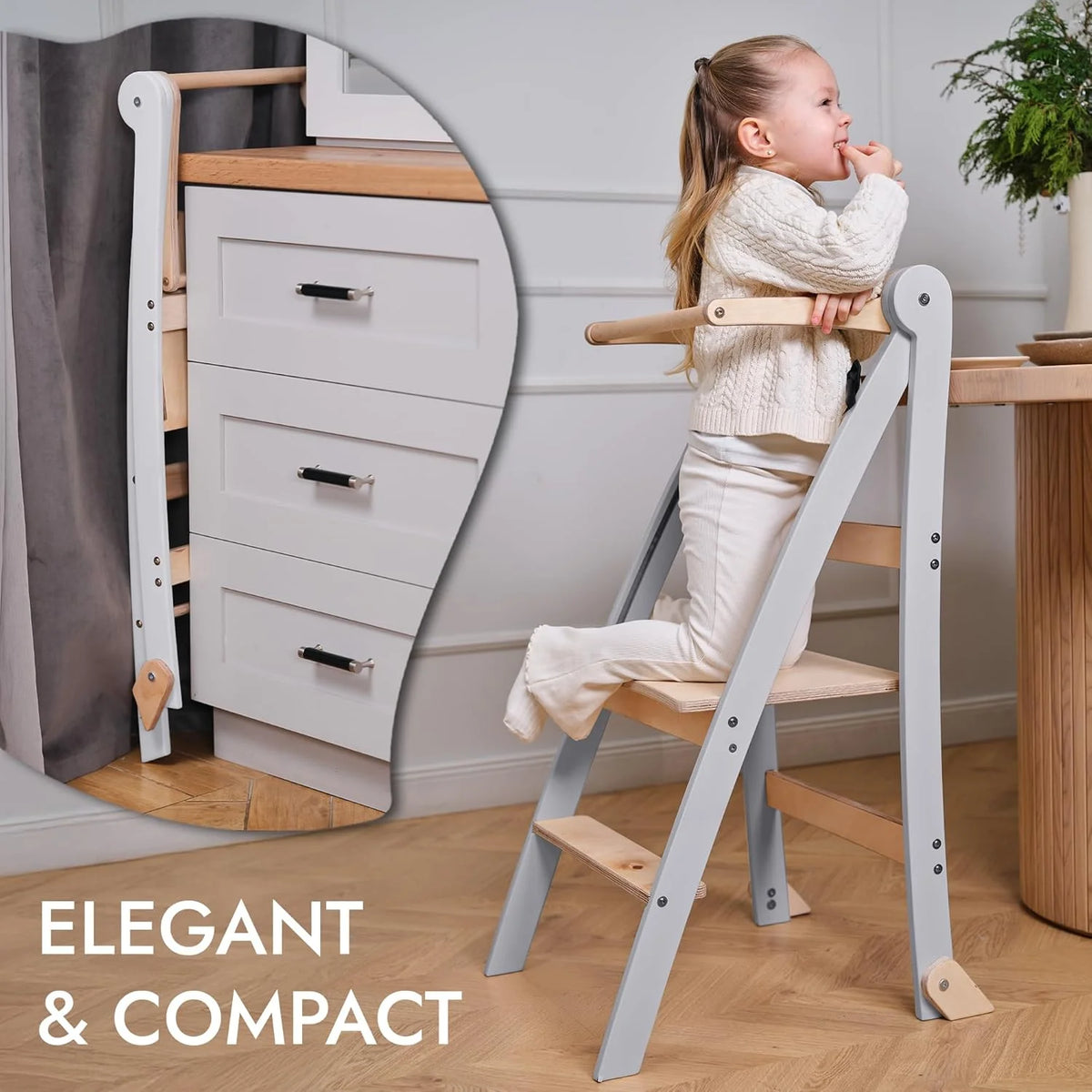 Folding Wooden Kitchen Standing Stool for Toddlers �C Safe & Compact Learning Step Stool, Ages 18 Months+