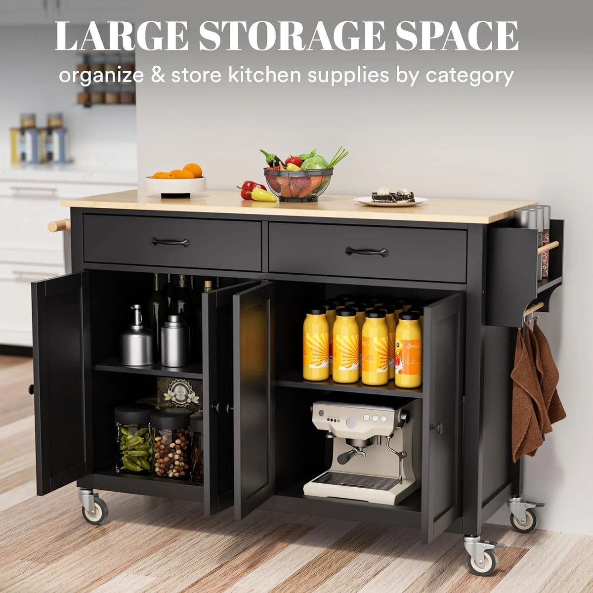 ZIVACATE Rolling Kitchen Island with Drop Leaf and Storage Large 53 in Movable Kitchen Carts White