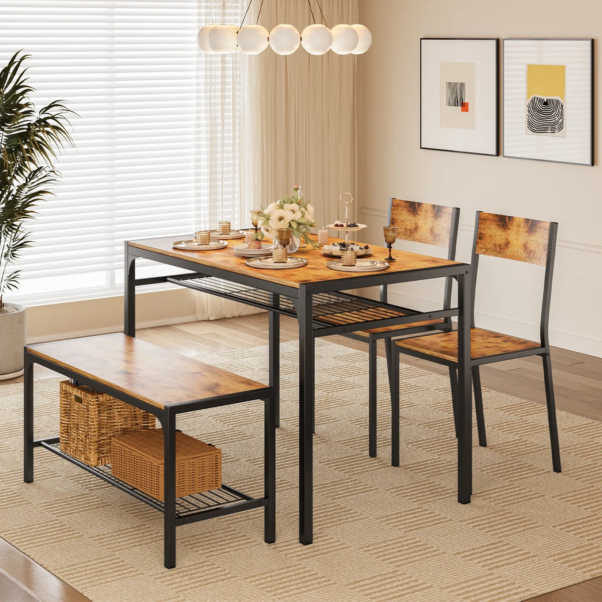 Lofka Dining Table Set for 4, Kitchen Table and Chairs Set with Bench for Small Space,  Breakfast Nook, Black