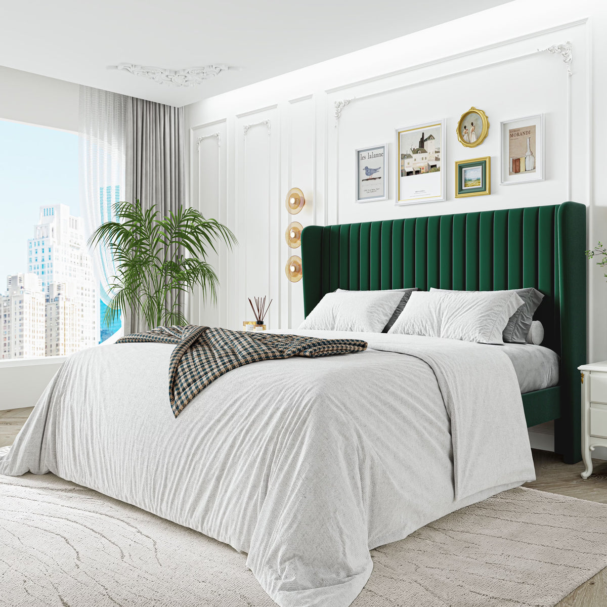Sha Cerlin Queen Size Upholstered Platform Bed Frame with Velvet Channel Wingback Headboard, Off White
