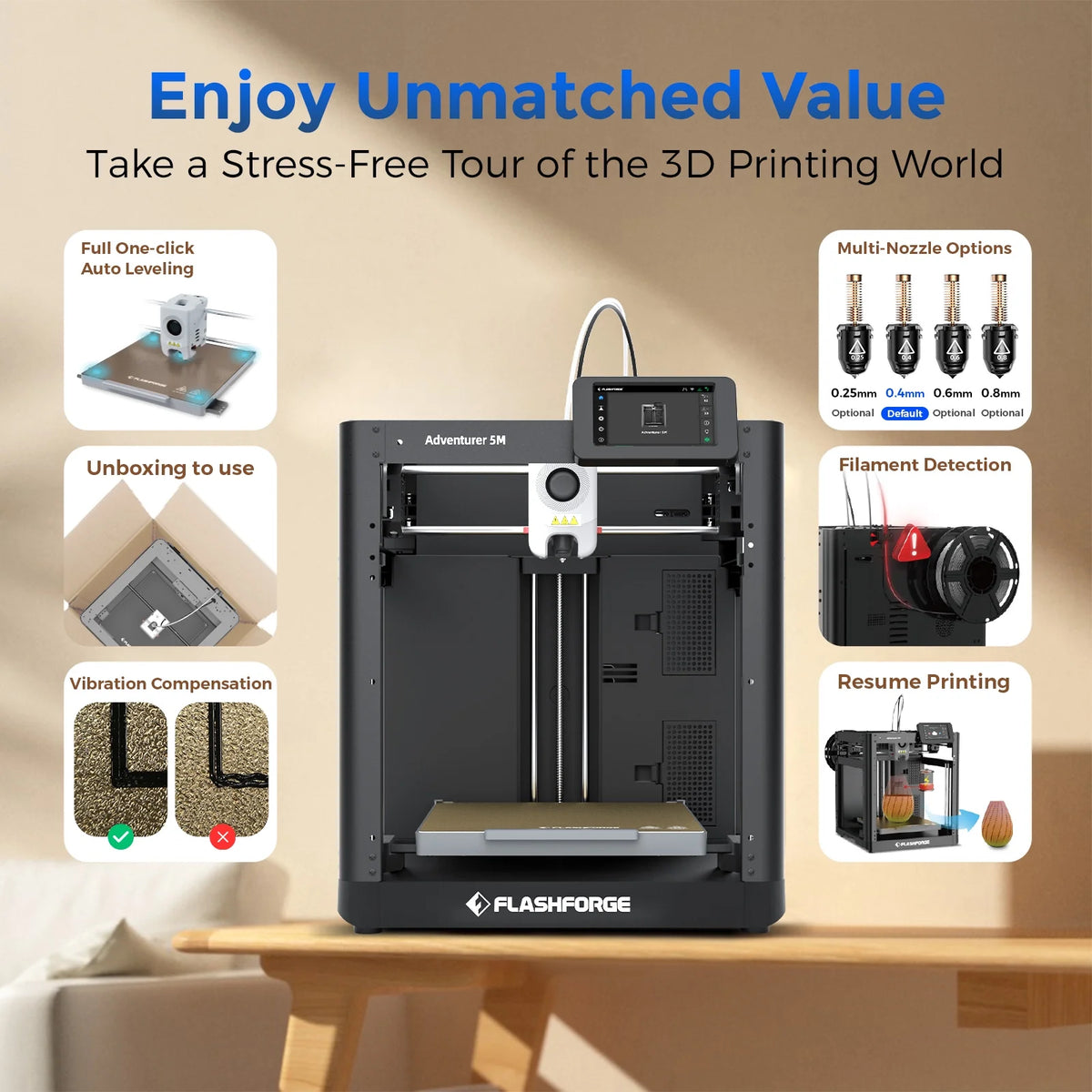 Flashforge Adventurer 5M 3D Printer, Fully Auto Leveling & 600mm/s High Speed Printing, Black