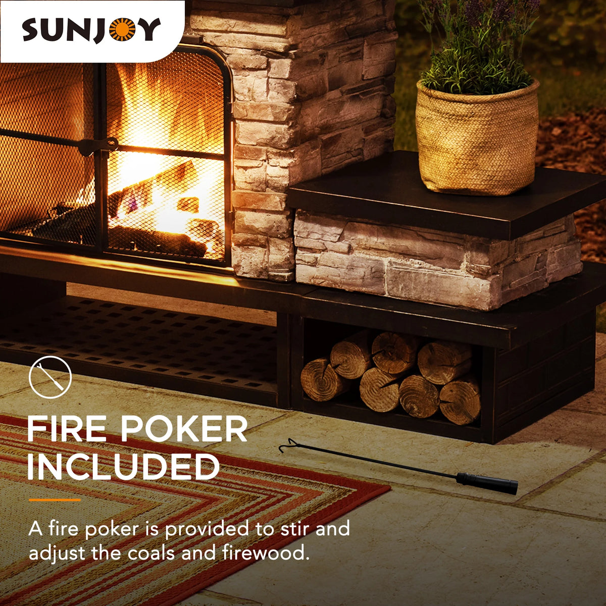 SUNJOY Outdoor 48 inch Steel Wood Burning Stone Fireplace with Fire Poker and Removable Grate