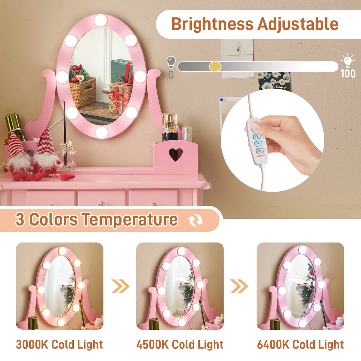 Zimtown Kids' Vanity Set with 3-Color LED Lighted Mirror Makeup Table with Matching Stool, Purple