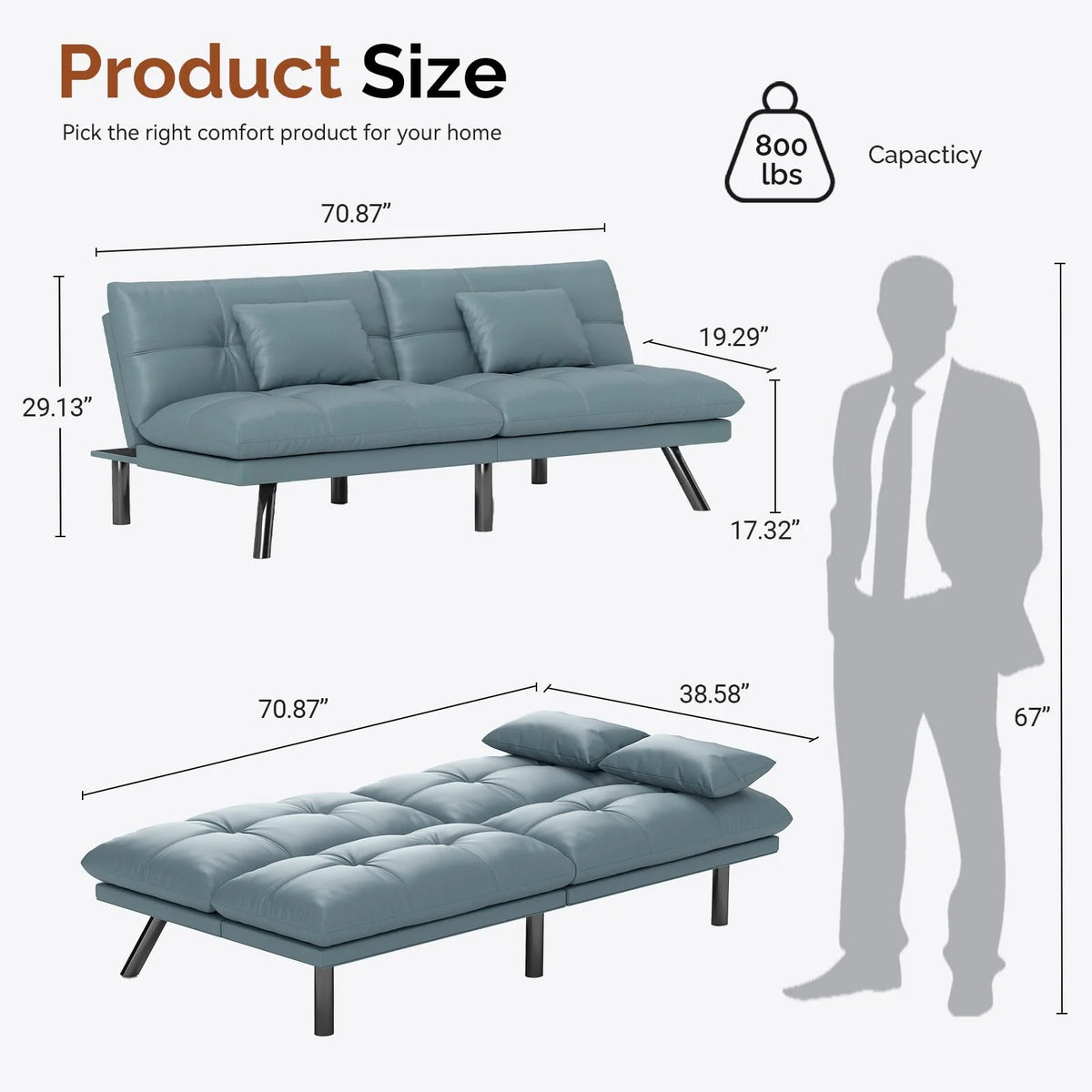 70���� Convertible Futon Sofa Bed Folding Bed Sleeper Couch for Living Room, Small Space or Office, Light Grey