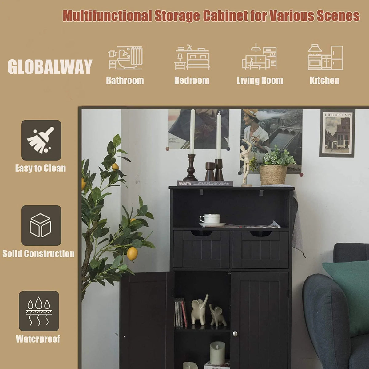 Giantex Multifunctional Floor Cabinet, Freestanding Bathroom Cabinet with Removable Drawers and Adjustable Shelf for Bathroom, Living Room, Bedroom or Entryway, 24 x 12 x 43 inches (Black)
