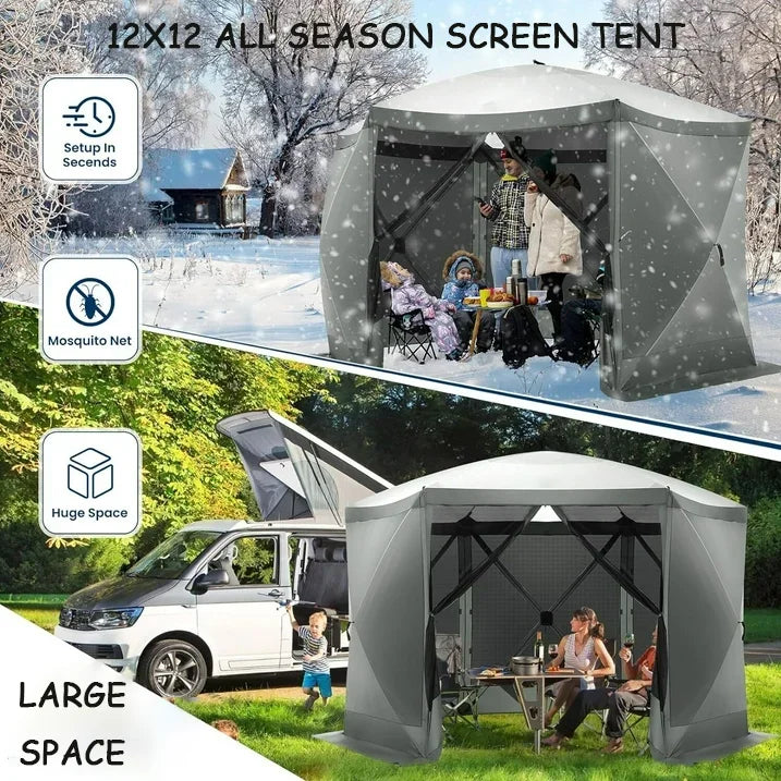 COBIZI 12x12ft Pop-up Gazebo Screen Tent Screen House with sidewalls and Mosquito Netting for Camping, Waterproof, UV Resistant, EZ Set-up Party Canopy with Carrying Bag and Ground Stakes, Brown