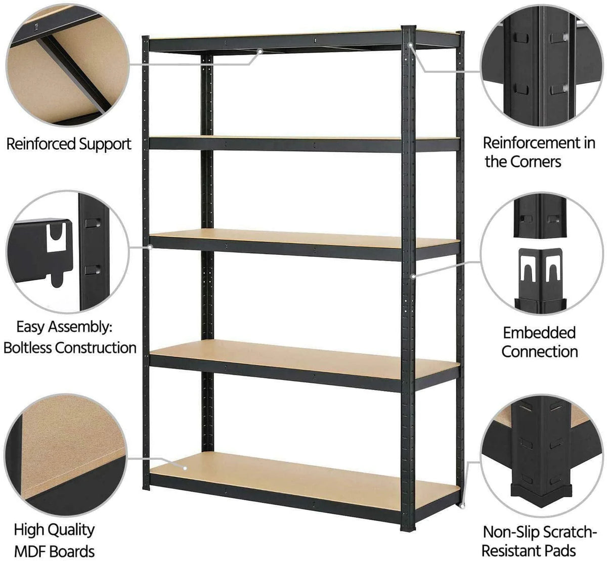 Bowoshen 5-Tier Heavy Duty Metal Shelving, 59" x 28" x 12" Racking Storage Unit, Black (386LB Capacity per Shelf), 1929LB Total Capacity Garage Shed Storage Shelves Units