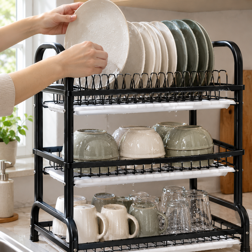 3-Tier Dish Drying Rack – Metal Kitchen Countertop Organizer