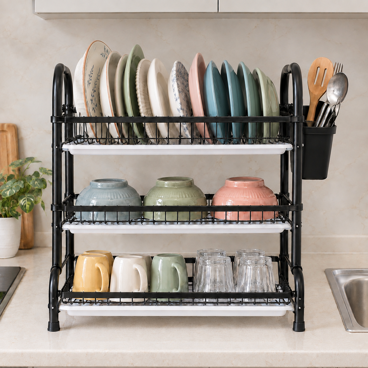 3-Tier Dish Drying Rack – Metal Kitchen Countertop Organizer