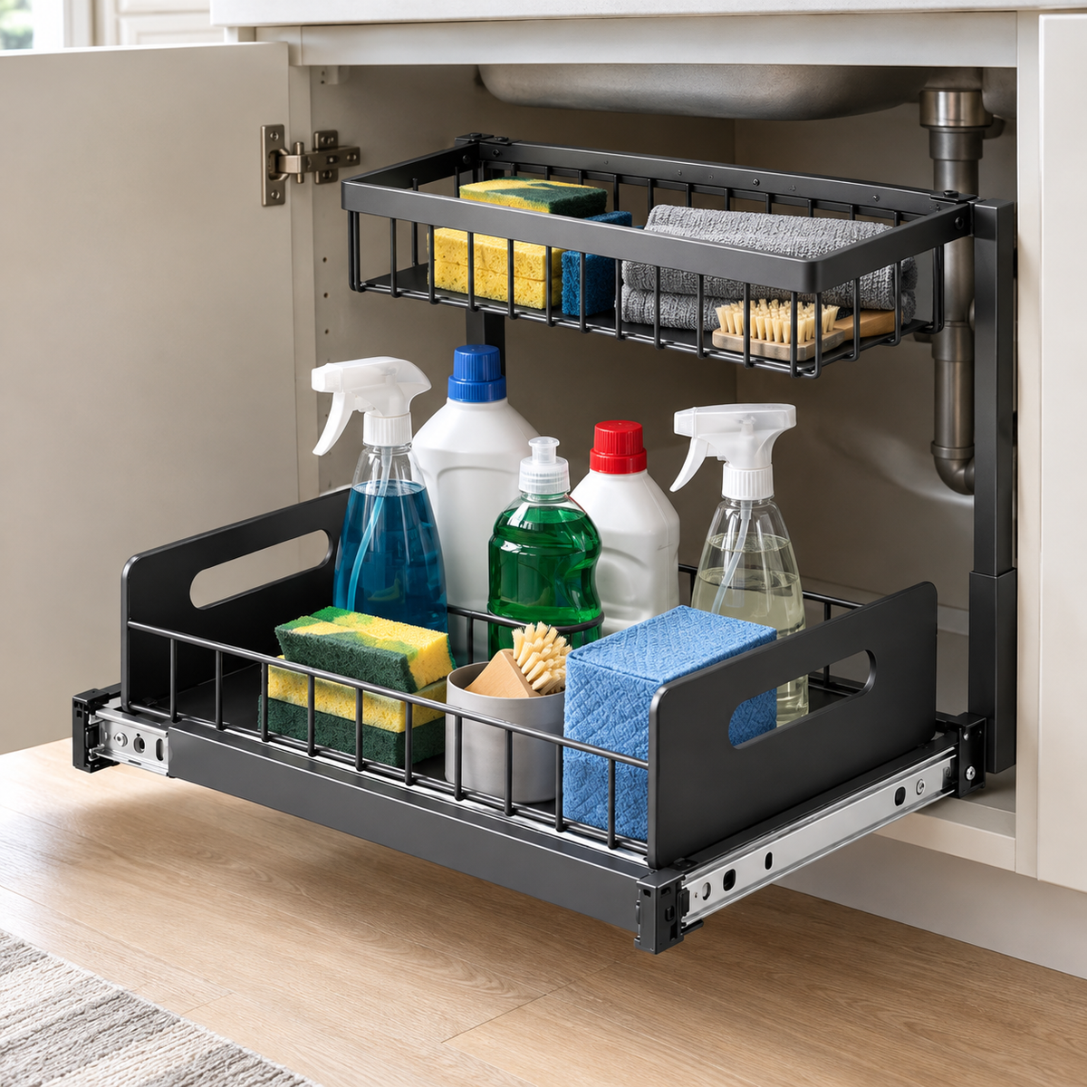 Metal Pull-Out Under-Sink Organizer – Sliding Storage Drawer
