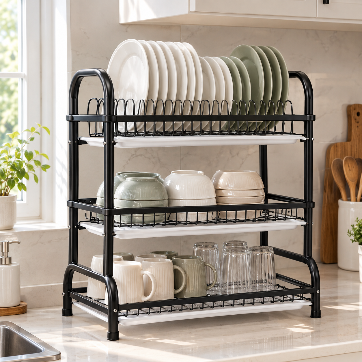 3-Tier Dish Drying Rack – Metal Kitchen Countertop Organizer