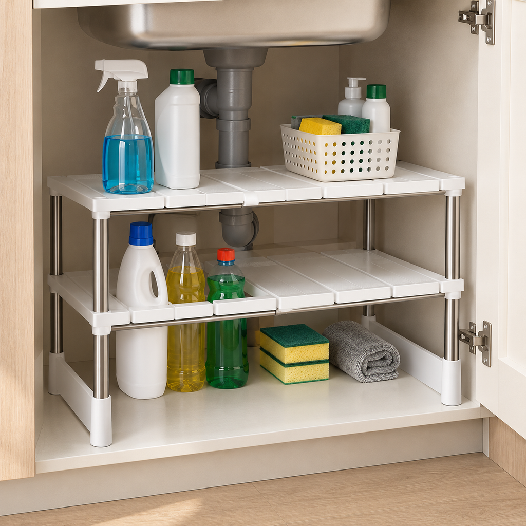 Adjustable Under-Sink Storage Rack – Expandable Cabinet Organizer