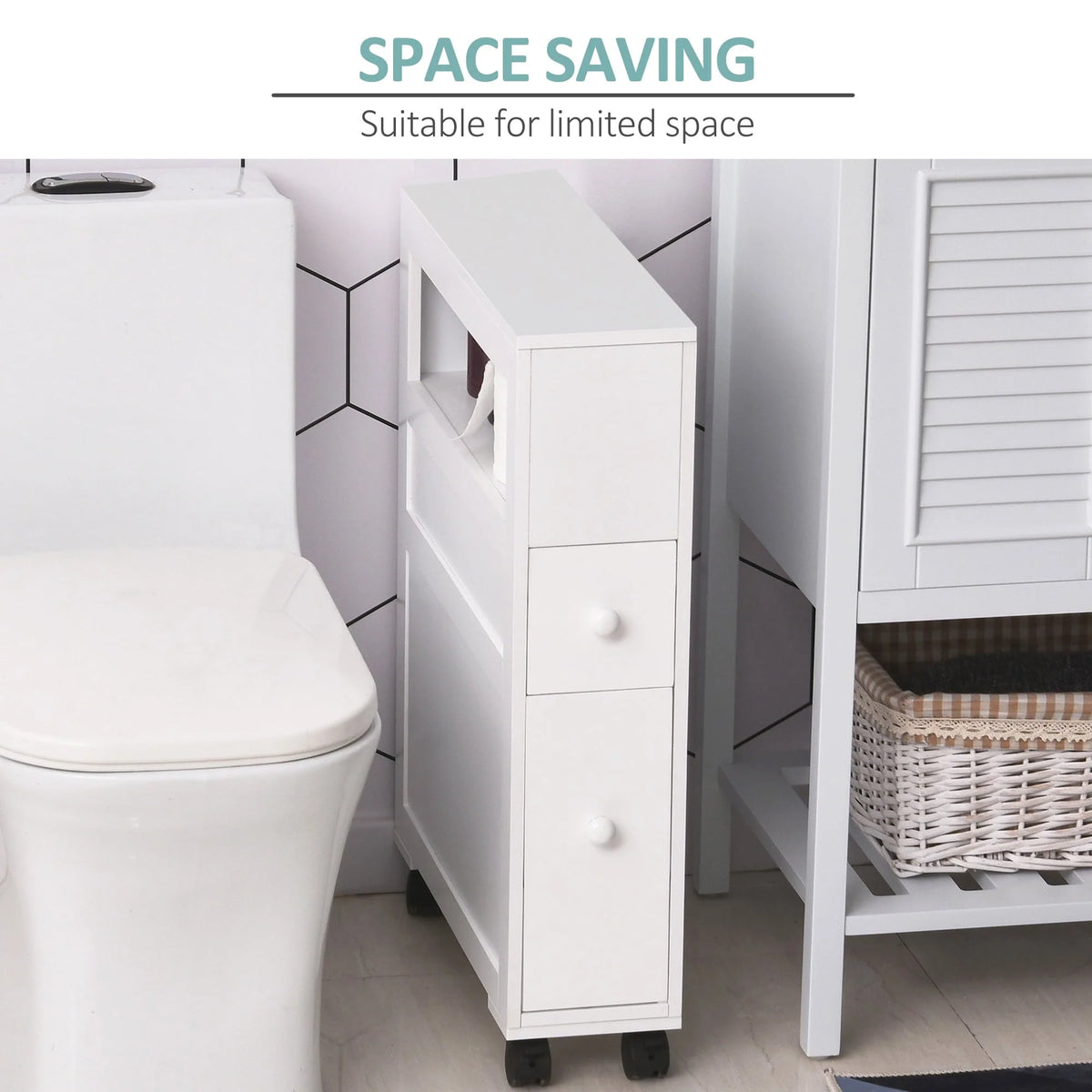 Homcom Wood Rolling Bathroom Side Storage Cabinet, White