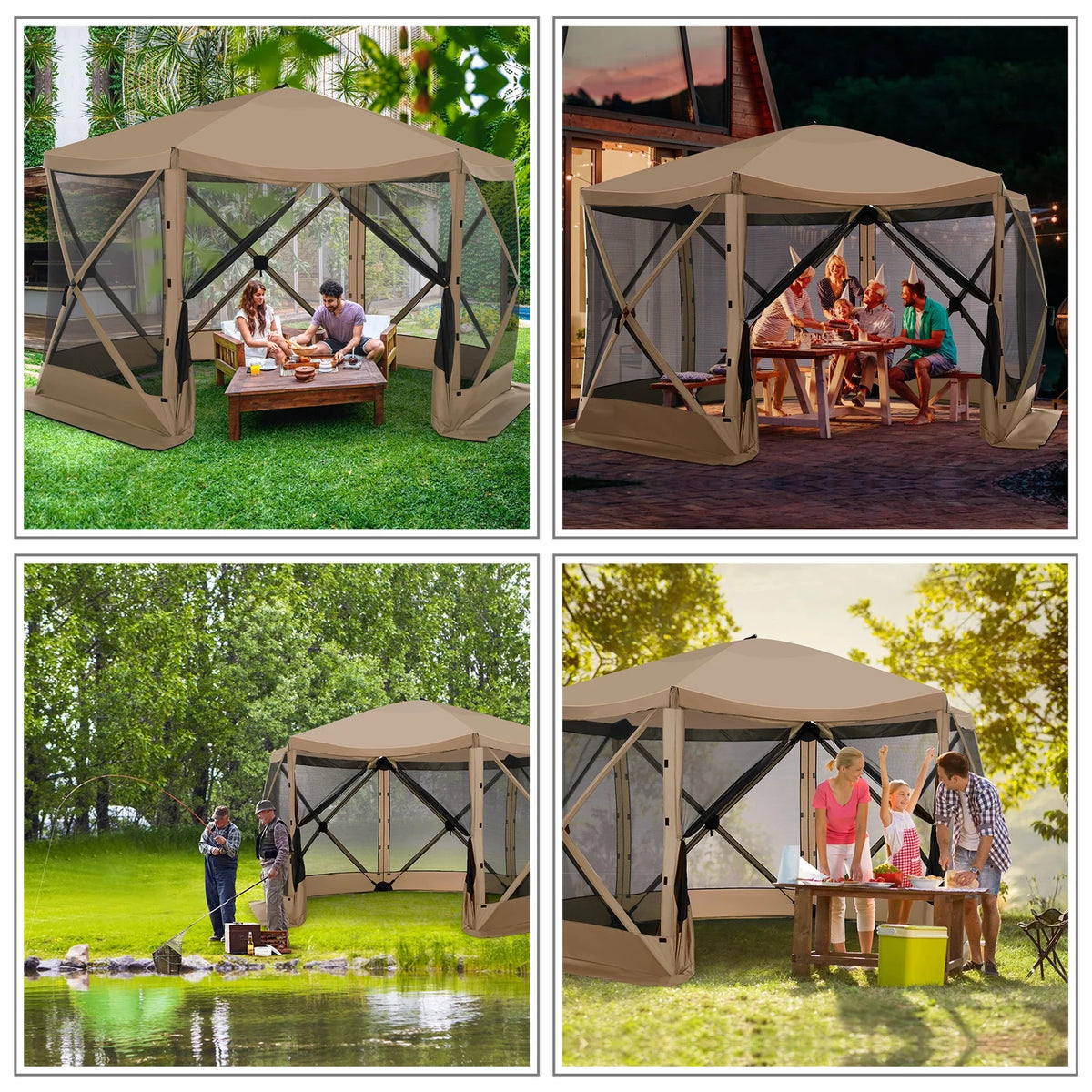 SANOPY 12'x12' Gazebo Outdoor Pop up Gazebo Screen Tent with 6 Sides Mosquito Netting Camping Gazebo Instant Shelter Glamping Tent with Carry bag, Ground Spike, Gray