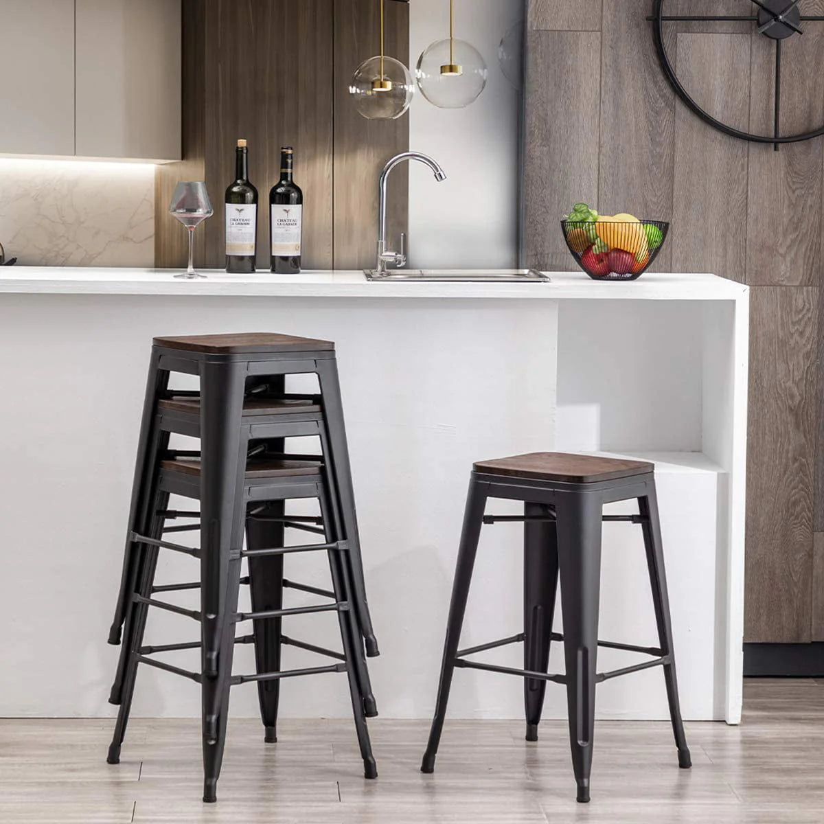 Andeworld 26" Set of 4 Metal Bar Stools  Stackable Counter Height Barstools Wood Seat Backless Rustic Kitchen Bar Chairs (Black)