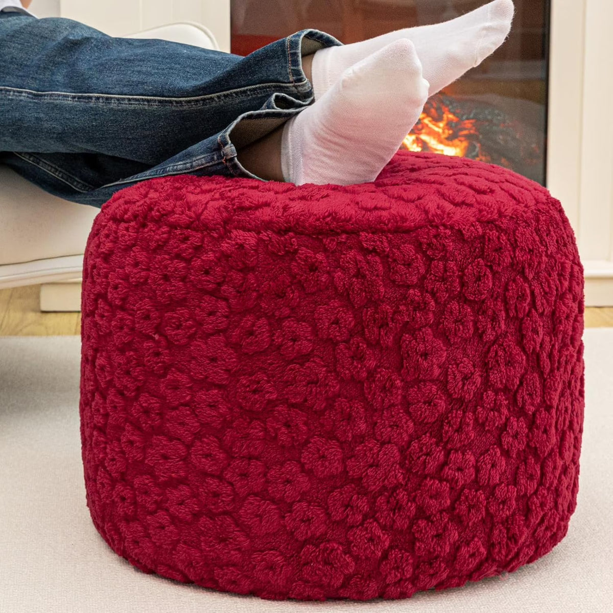 Ottoman Foot Rest Stuffed Round Boho Floor Poof Seating Armchair Ottoman Foot Stool Floor Cushion Bean Bag Pouf 18x18x14 Inch Burgundy