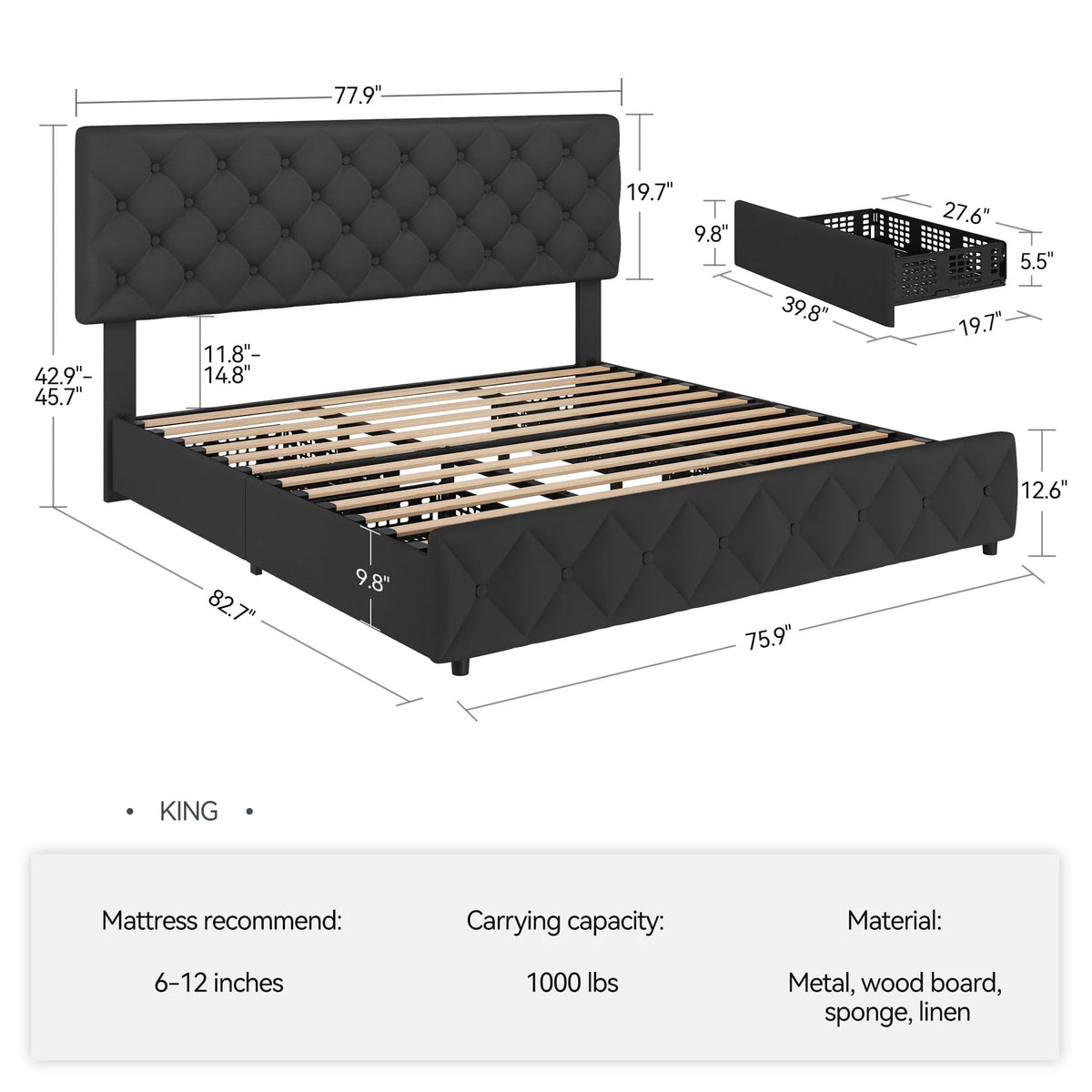 TROPOW Full Size Bed Frame,with 4 Storage Drawers and Adjustable Headboard, Linen Upholstered Platform Bed Frame, Diamond Stitched Button Tufted, No Box Spring Needed,White