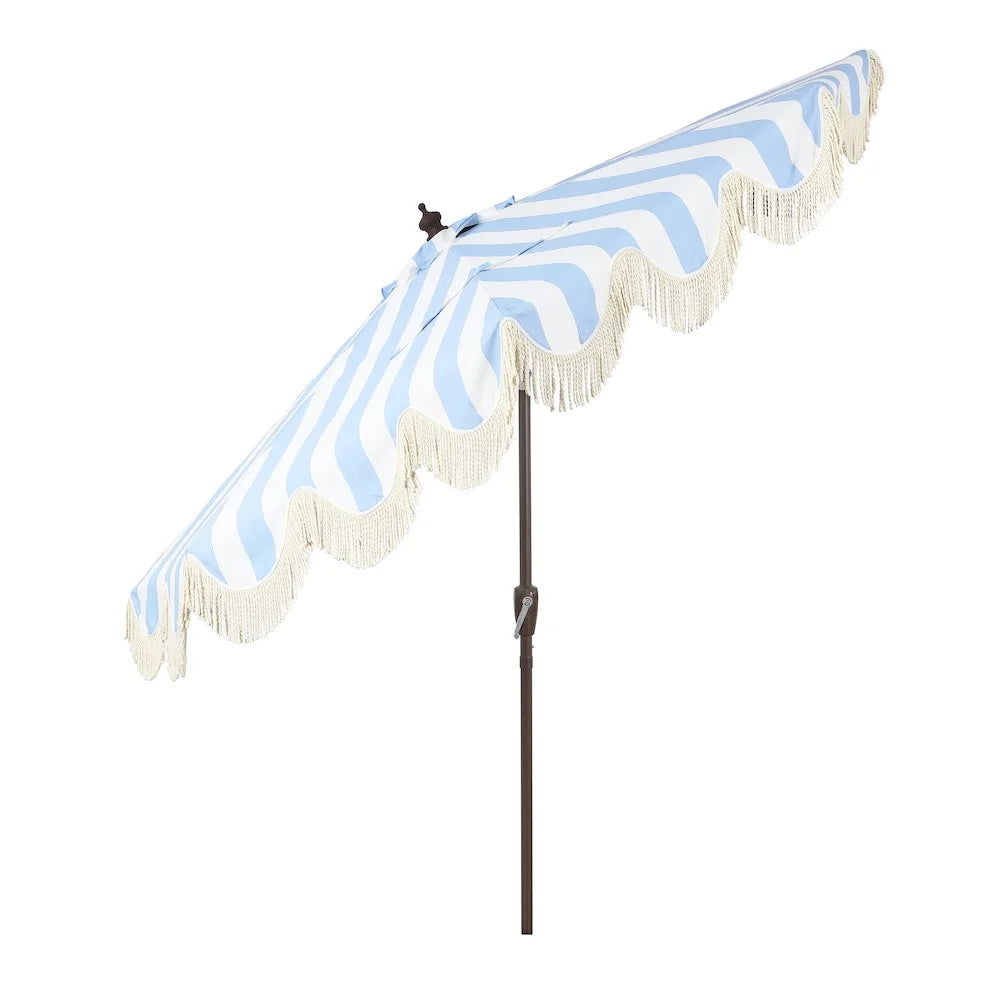 JONATHAN Y Beverly 9 ft. Half Market Patio Umbrella, Designer Classic Scalloped Fringe with Crank, Tilt Button and UV Protection, Blue/White/Cream, Dark Brown Pole