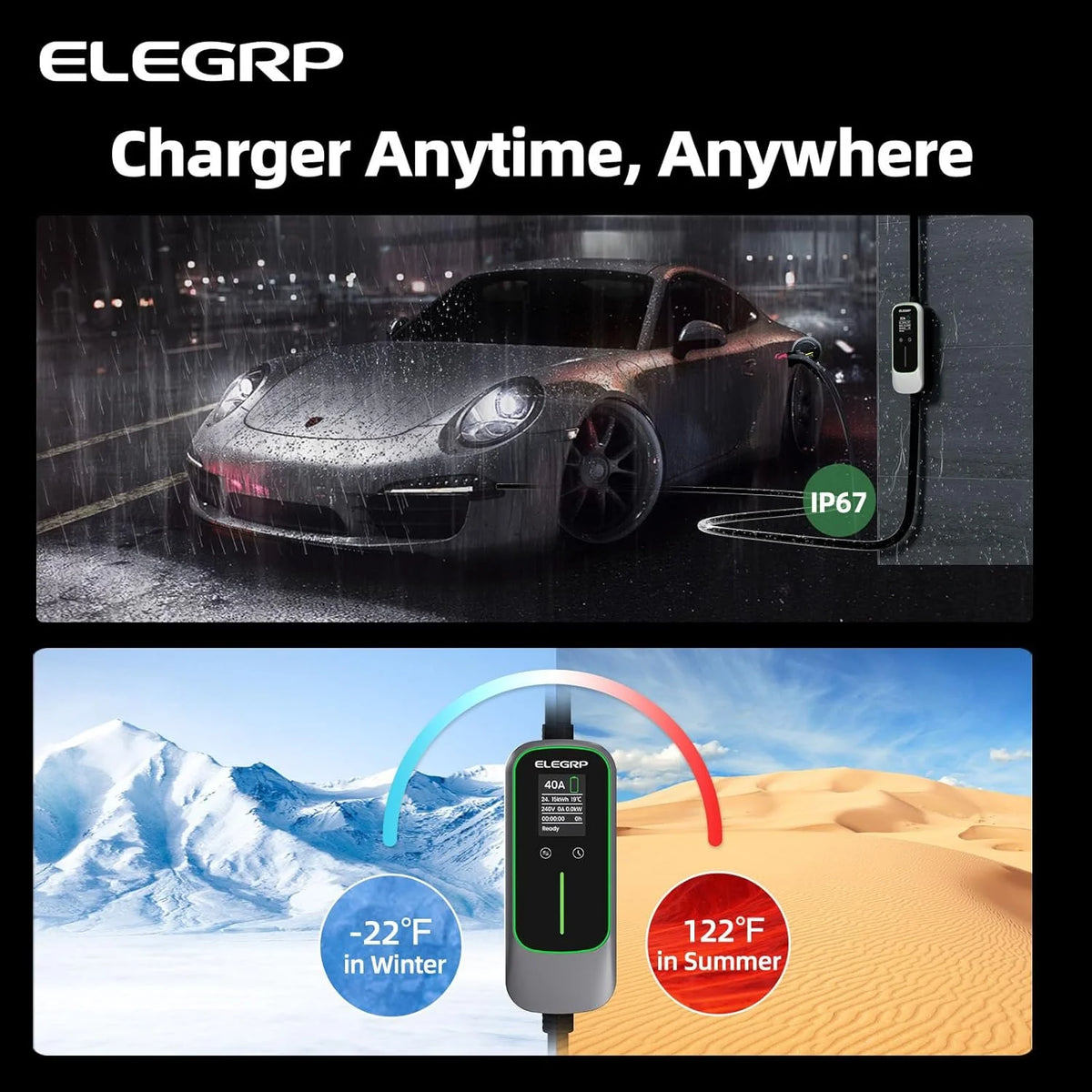 ELEGRP Portable Electric Vehicle Charger Level 2, EV Charger 240V 40A for BEVs/PHEVs，PBE & LCD TH, 25ft Cable W/NEMA 14-50 Plug, 1PC