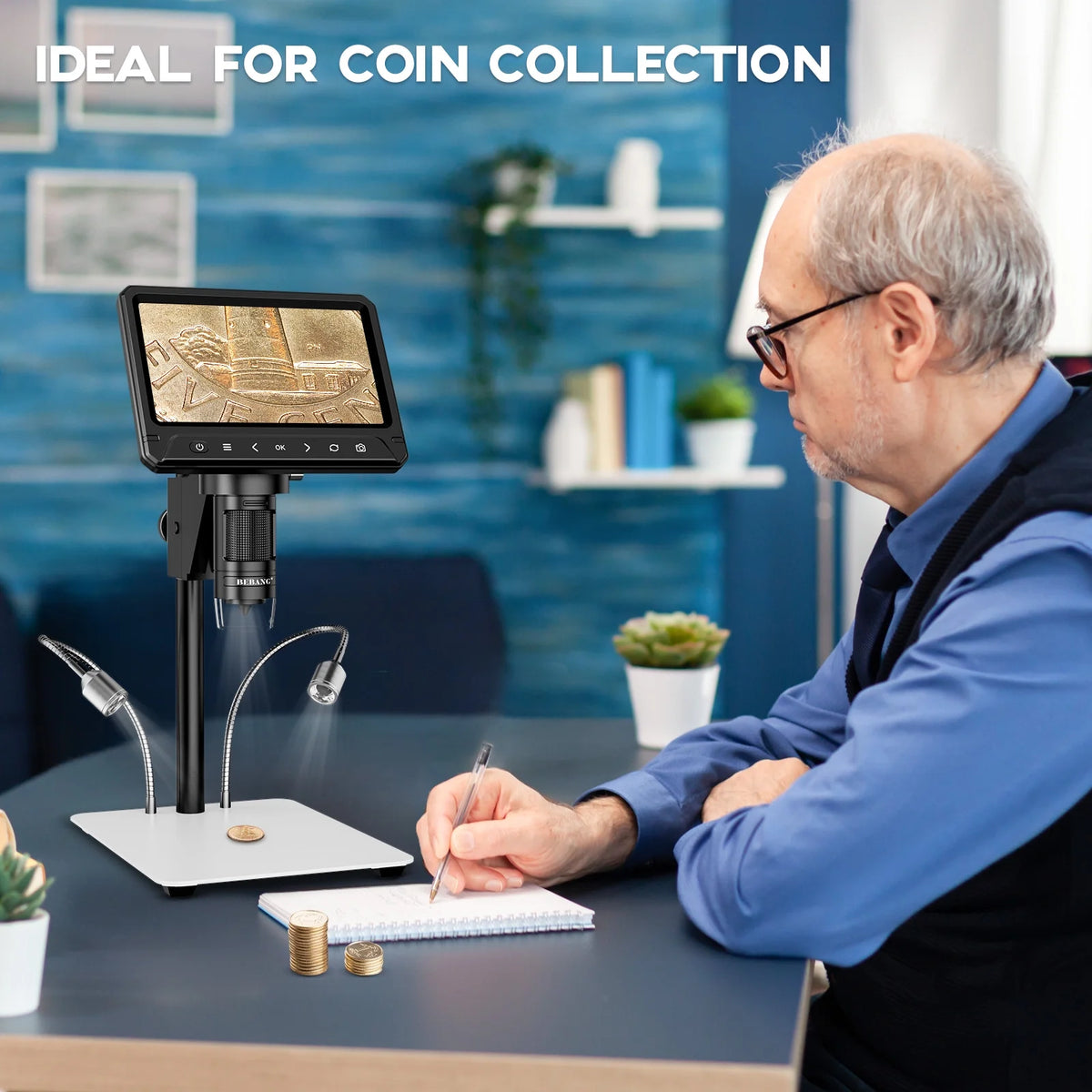 BEBANG 7" Coin Microscopefor Adults Kids, 1200X LCD Digital Microscope with 10 LED Lights, PC View