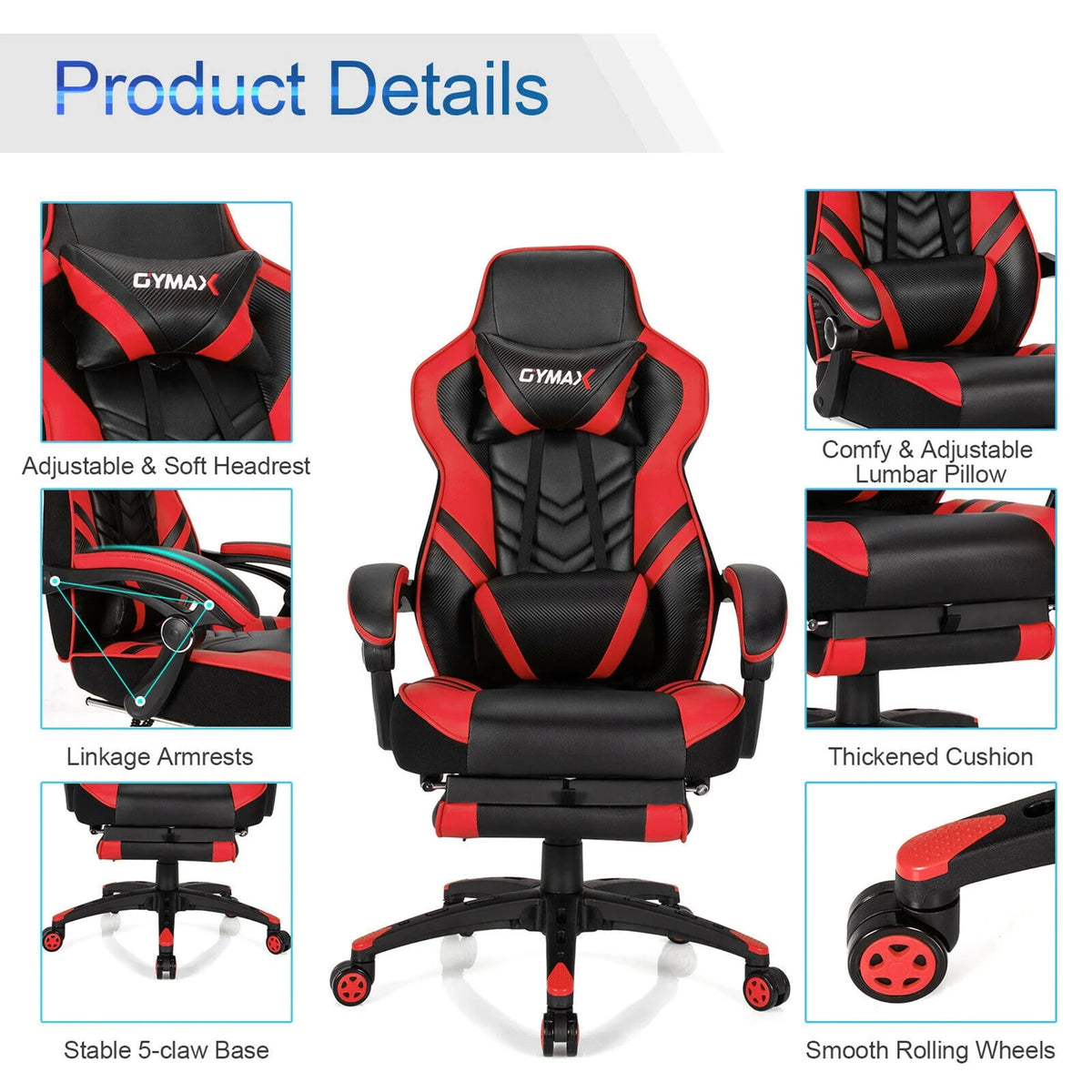 Gymax Office Computer Desk Chair Gaming Chair Adjustable Swivel w/Footrest Red