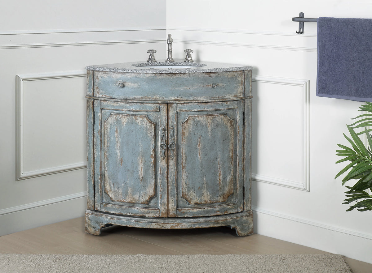 Benton Collection 24" Distressed Gray Corner Bathroom Vanity with White Quartz Top