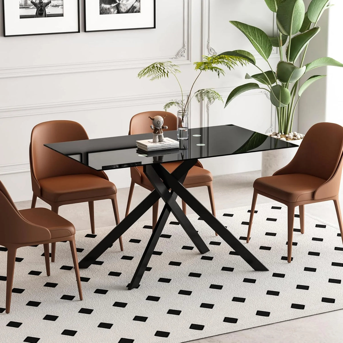SSYBAB Glass Dining Table for 4 People, 51.2 Inches Rectangular Glass Kitchen Table with Silver Steel Legs, Modern Dining Room Table for Dinner Kitchen Dining Room