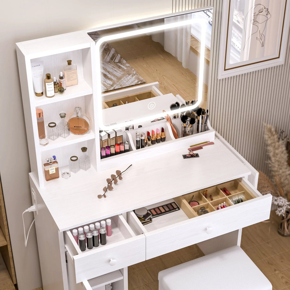 IRONCK Vanity Desk with LED Lighted Mirror & Power Outlet, Makeup Table with Drawers & Cabinet,Storage Stool,for Bedroom, White
