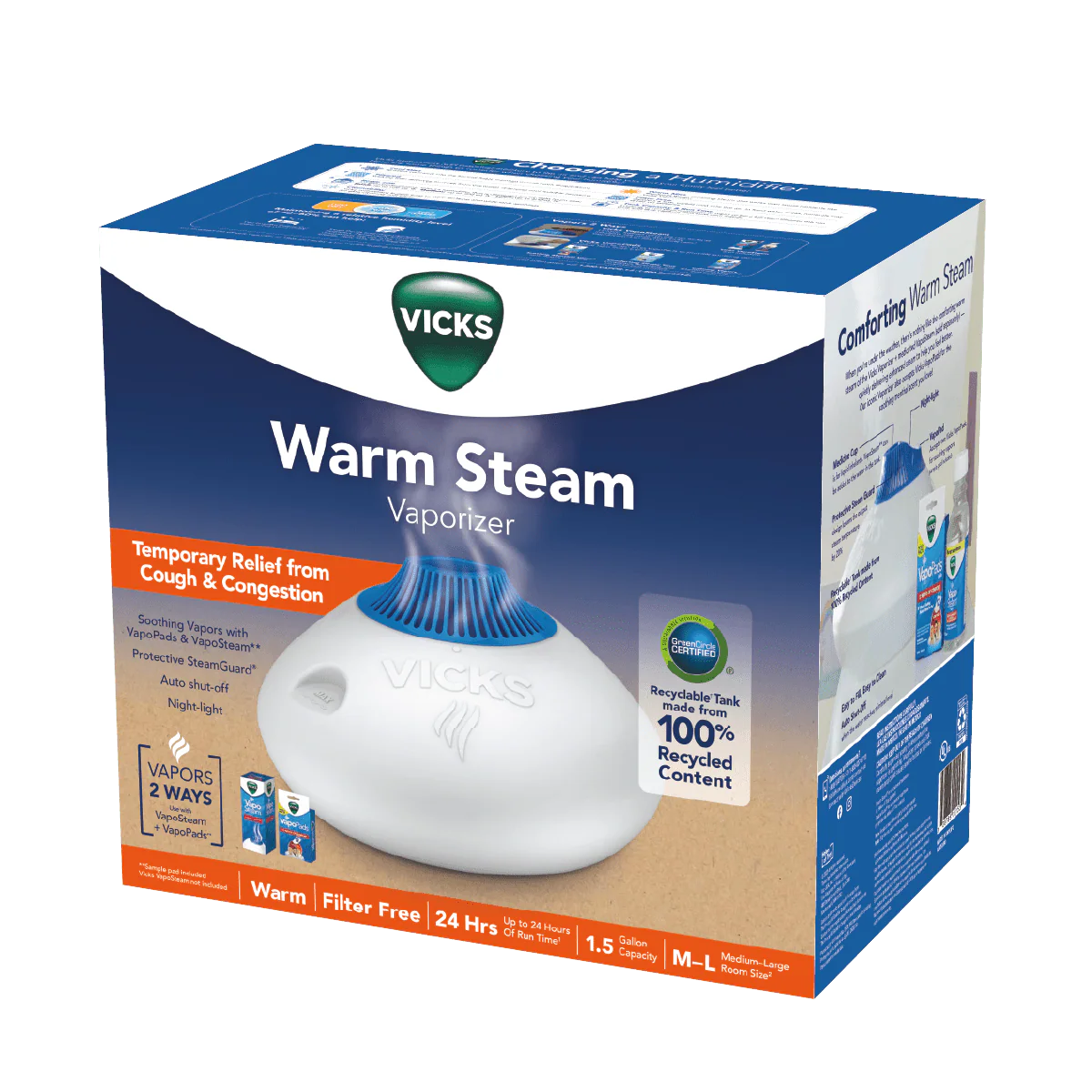 Vicks Warm Steam Vaporizer Humidifier, 600 sq ft, White, V150RYUPC