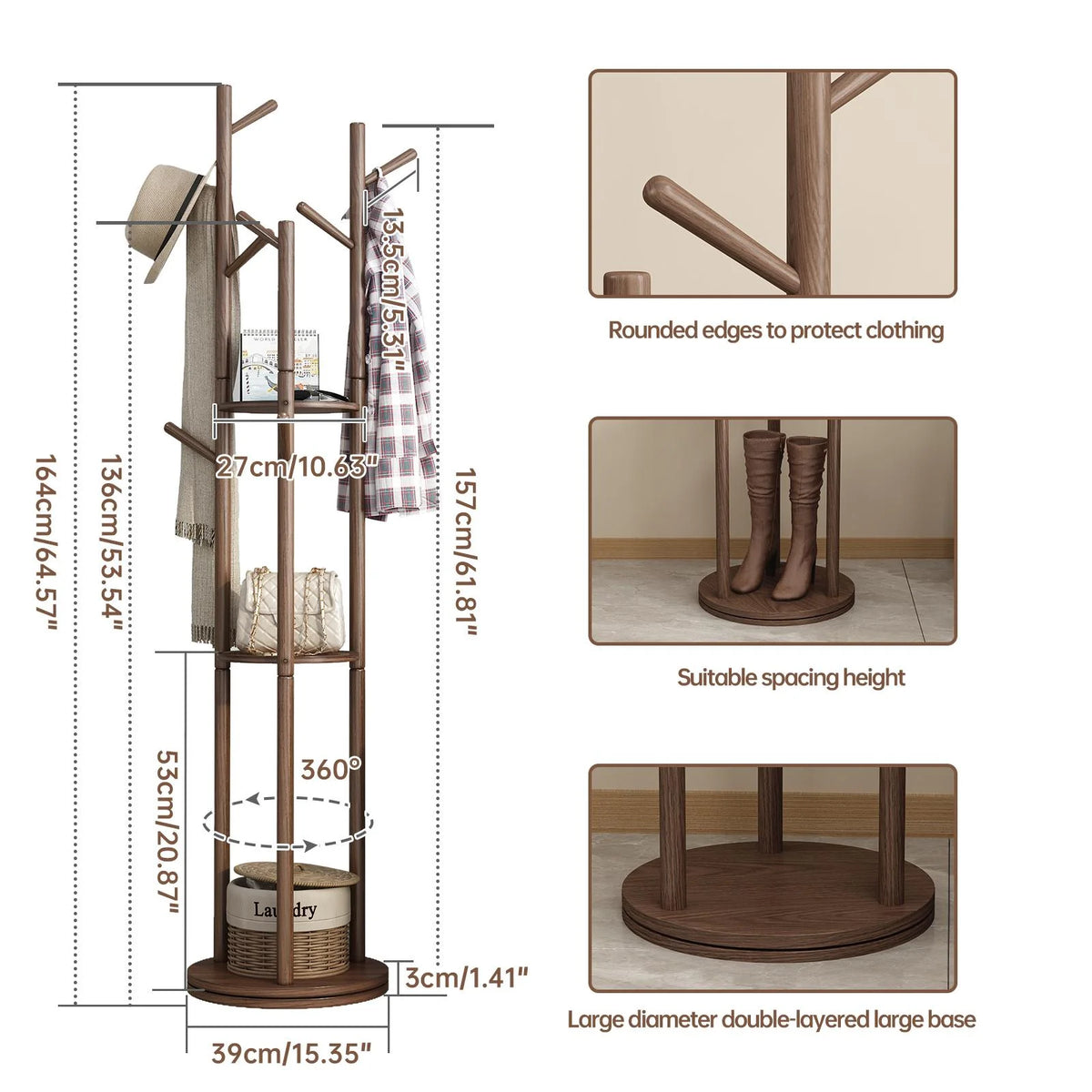 KASLANDI Solid Wood Rotary Coat Rack with 3 Shelves & 9 Hooks, Freestanding Hall Tree Stand, Coat Tree for Entryway, Living Room, Walnut, Easy Assembly